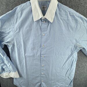 Armani Italy 16.5 Contrast Collar Striped Blue Shirt Italian Long Sleeve Mens